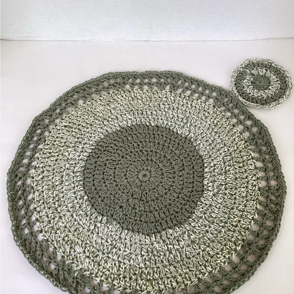 Placemat Coaster Set Hand Crafted Green White Cotton Crochet Boho